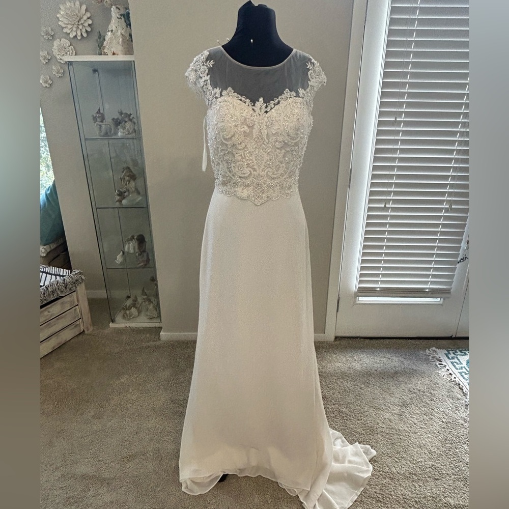 Allure lace and chiffon ivory bridal gown with blush lining